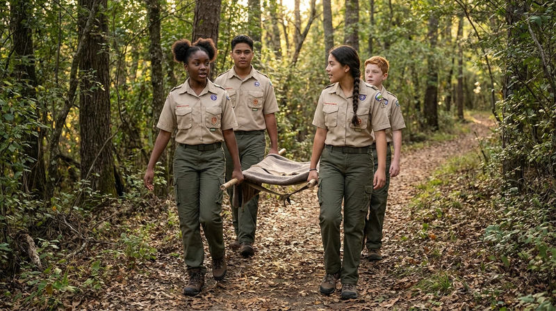 Four Scouts carefully carrying a stretcher along a narrow woodland trail, working as a team