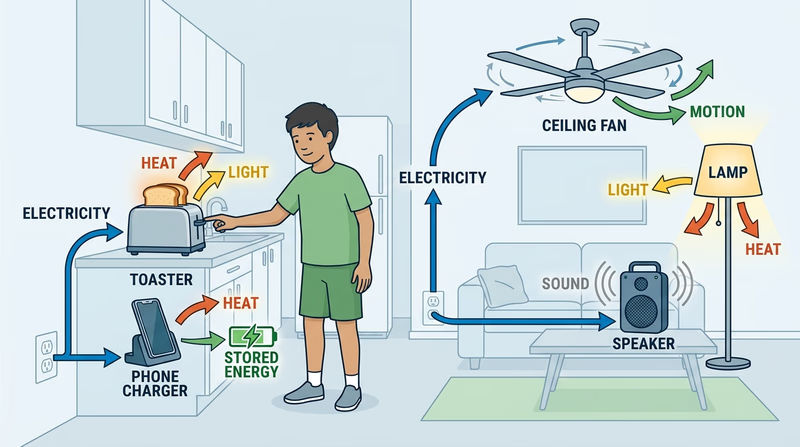 Diagram showing household electricity changing into light, sound, motion, and heat through everyday devices