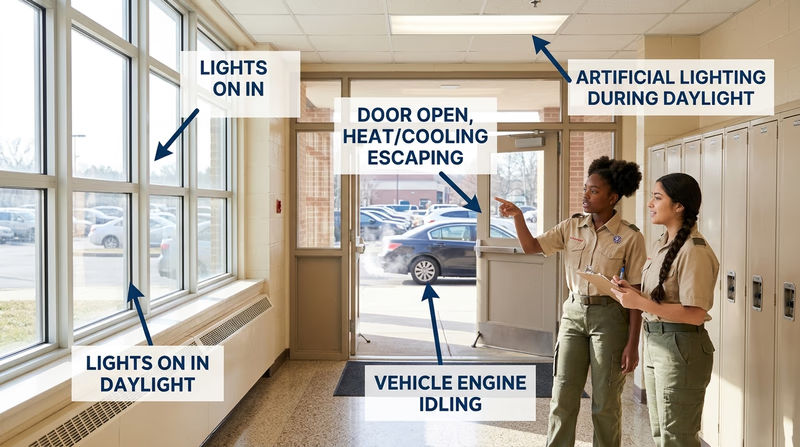 Annotated school scene highlighting common energy waste like unnecessary lighting, escaping conditioned air, and vehicle idling