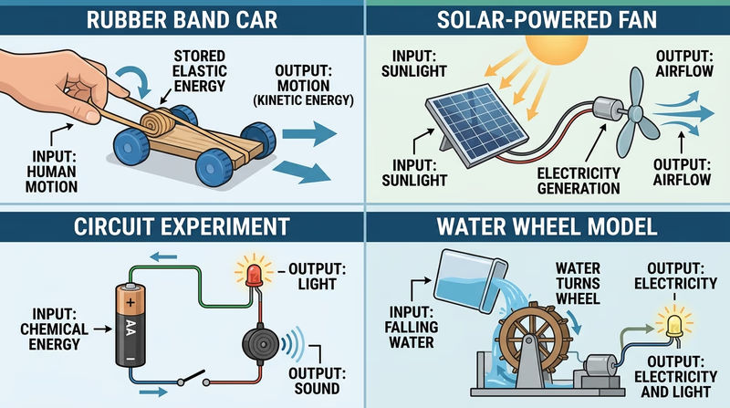 Four simple energy projects showing how different inputs are converted into motion, light, sound, and other outputs