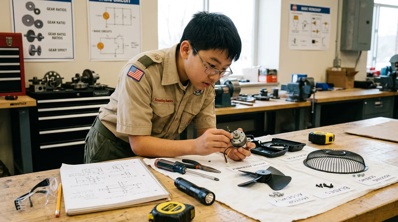 A teenager in a Scout uniform at a workbench carefully examining the disassembled internal components of a small appliance, with parts laid out in organized groups, a notebook with sketches, and basic tools nearby