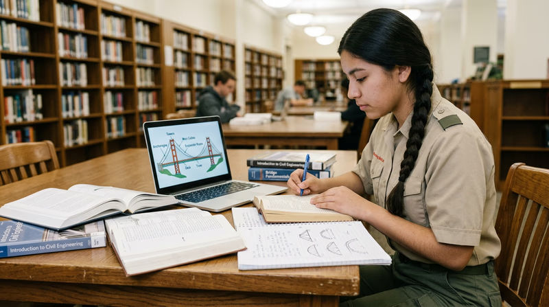 A teenager in a Scout uniform at a library table surrounded by open books, a laptop showing a bridge diagram, and handwritten notes with sketches, actively researching an engineering topic