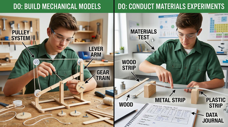 A split-scene showing different engineering activities — one side shows a teenager building a mechanical model with gears and levers, the other shows a teenager conducting a materials strength experiment with wood, metal, and plastic samples