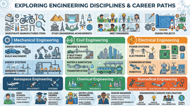 An infographic showing three engineering career paths — civil, mechanical, and electrical — each as a vertical progression from high school through college, early career, and senior positions, with salary ranges and key milestones