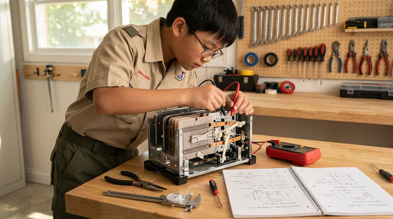 A teenager in a Scout uniform examining the internal components of a disassembled toaster on a workbench, with engineering tools like calipers, a multimeter, and a notebook nearby