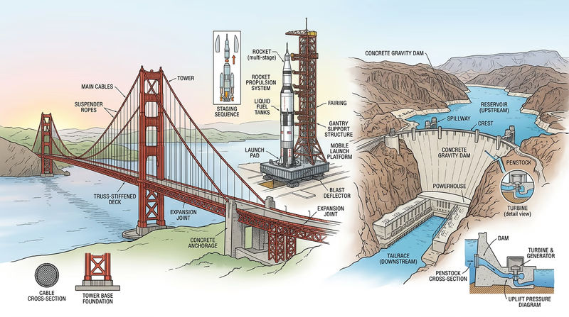 A panoramic illustrated scene showing iconic engineering achievements — a large suspension bridge, a rocket launch pad, and a hydroelectric dam — set against a dramatic sky
