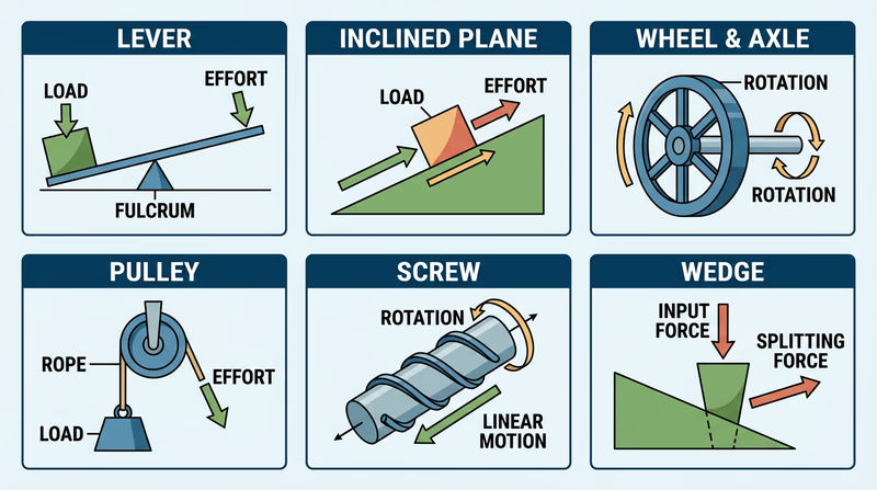A clean educational diagram showing the six simple machines — lever, inclined plane, wheel and axle, pulley, screw, and wedge — each illustrated with a labeled example and arrows showing the direction of force and motion