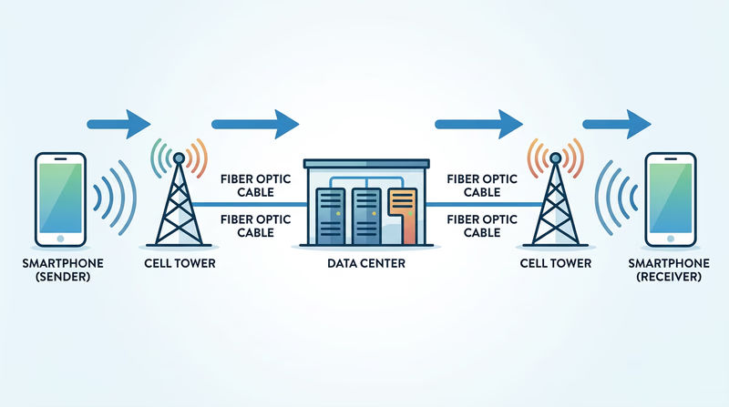 A clean diagram showing the path of data from a smartphone to a cell tower, through fiber-optic cables to a data center, and out to a recipient's phone, with labels at each stage