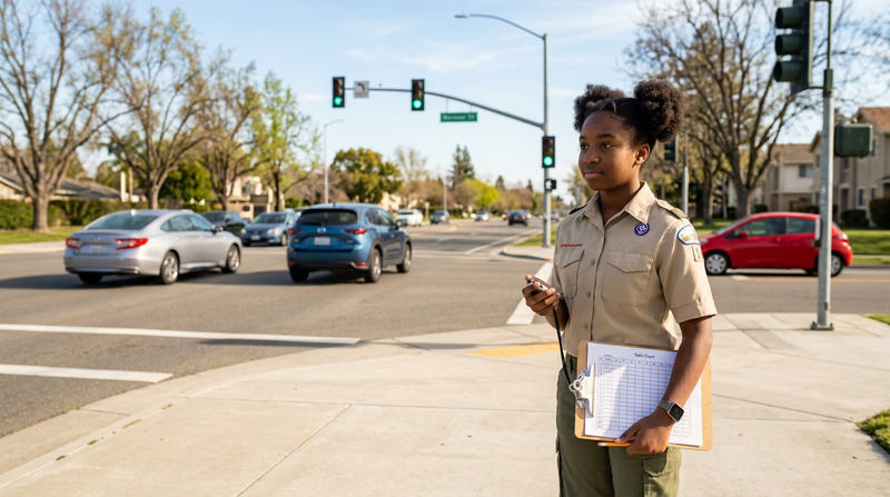 A teenager in a Scout uniform standing safely on a sidewalk with a clipboard and stopwatch, observing and recording traffic at a nearby intersection during a traffic study