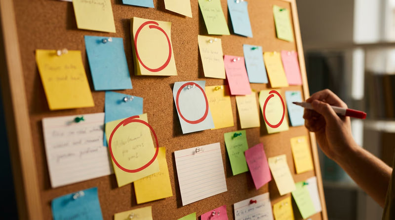 A corkboard covered with colorful sticky notes and index cards showing various handwritten business ideas, with three notes circled in red marker as top picks