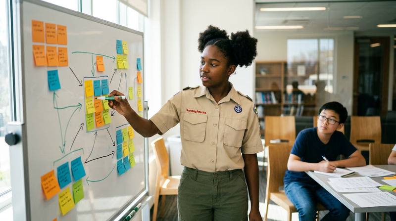 A teenager in a clean Scout uniform standing at a whiteboard with sticky notes arranged in a decision-making framework, brainstorming solutions to a business challenge