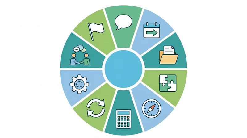 A circular diagram showing ten entrepreneur skills arranged around a central hub, with icons representing each skill: a speech bubble for communication, a calendar for planning, a folder for organization, a puzzle piece for problem solving, a compass for decision making, a calculator for basic math, arrows bending for adaptability, a gear for technical skills, two people for social skills, hands joined for teamwork, and a flag for leadership