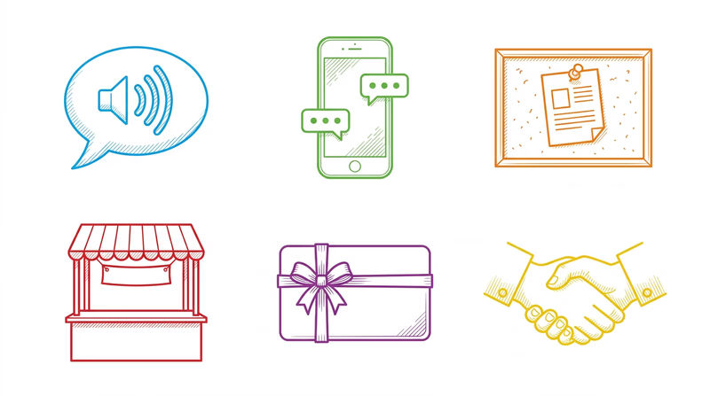 Six icons in two rows representing different marketing channels: a speech bubble for word of mouth, a phone with social media icons, a flyer on a bulletin board, a market booth with a banner, a gift card for referral bonus, and two hands shaking for partnerships