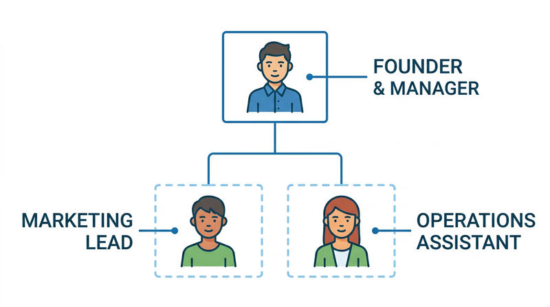 A simple organizational chart showing a small business structure with an Owner at the top, and two dotted-line boxes below representing potential future roles