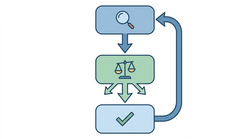A simple flowchart showing three steps for handling a business problem: Identify the Problem at the top, then Evaluate Options in the middle, then Choose and Act at the bottom, with a feedback arrow looping back to the top