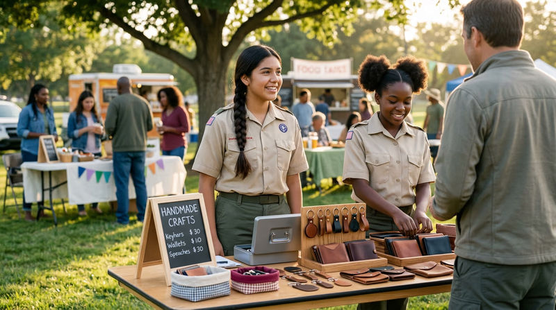 A teenager in a clean Scout uniform running a well-organized outdoor stand selling handmade crafts, with a small chalkboard sign listing prices and a cash box on the table