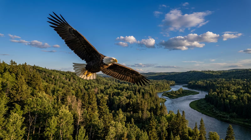 A bald eagle soaring over a river valley with a healthy forest below, symbolizing species recovery