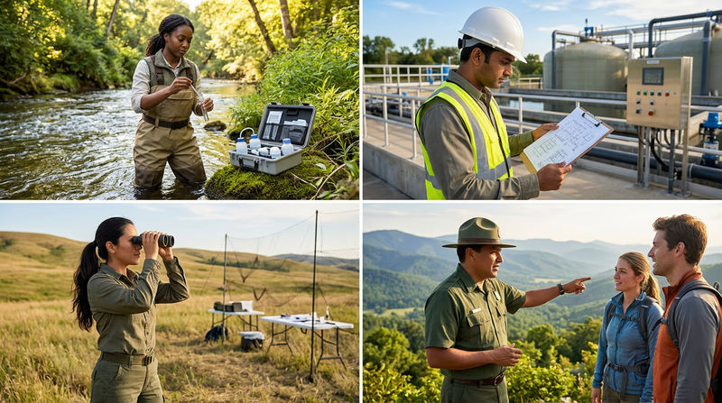 A split illustration showing four environmental professionals at work: a scientist collecting water samples, an engineer reviewing blueprints at a treatment plant, a wildlife biologist using binoculars in the field, and a park ranger talking to visitors on a trail