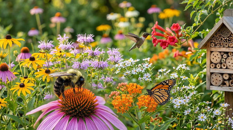 A vibrant garden with diverse flowering plants and several pollinators — a bumblebee on purple coneflower, a monarch butterfly on milkweed, and a hummingbird at a trumpet vine