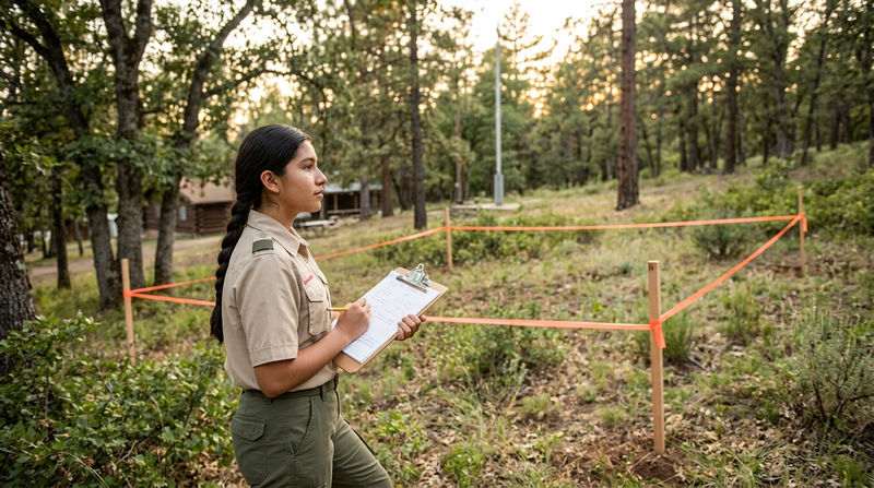 A Scout standing at the edge of a wooded clearing at a Scout camp, holding a clipboard and looking at the terrain, considering where a new building might go