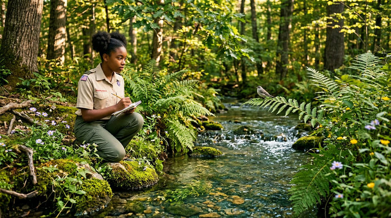 A Scout kneeling beside a stream with a notebook, observing plants and wildlife in a healthy ecosystem