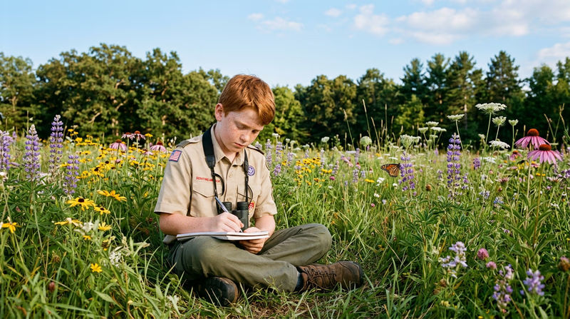 A Scout sitting cross-legged in a meadow with binoculars around their neck, writing observations in a field notebook with wildflowers and trees in the background