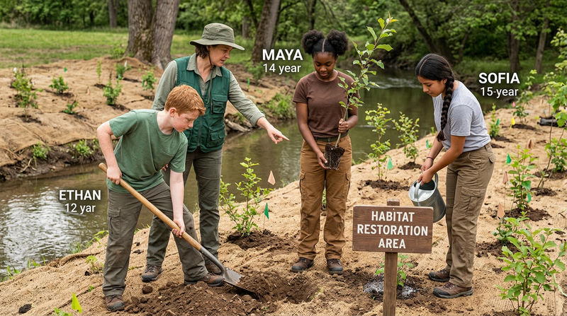 Scouts in work clothes planting native seedlings at a habitat restoration site along a stream, with a natural resource professional guiding them