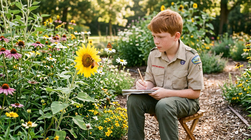 A Scout sitting quietly near a flower bed with a notebook, watching a bee on a sunflower, with other flowering plants around