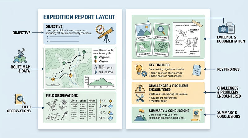 Two-page expedition report layout showing objectives, notes, map, findings, problems, and conclusion