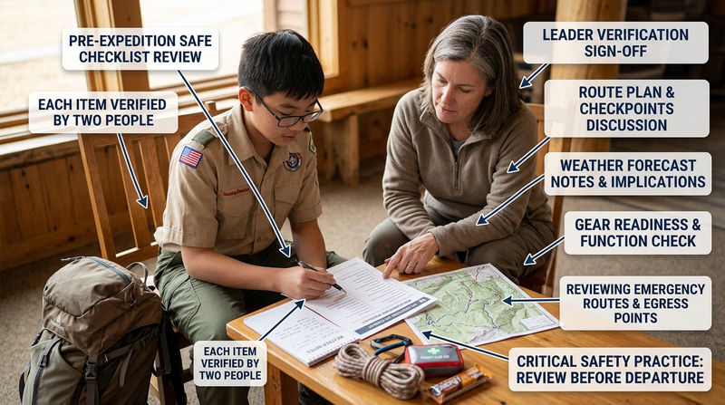 Scout and adult leader reviewing a SAFE checklist, route map, and gear before an expedition