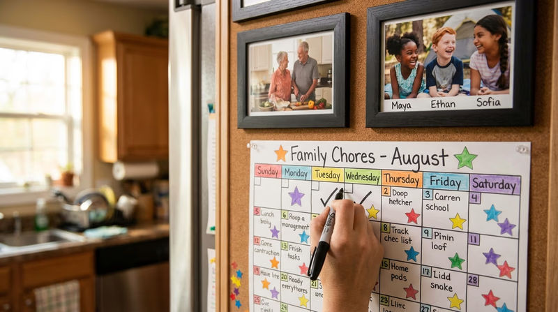 A close-up of a colorful wall calendar with checkmarks and stickers tracking completed chores over several weeks