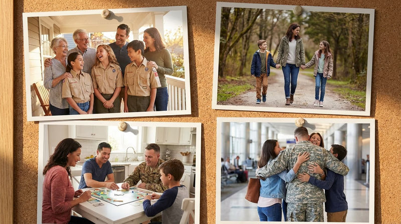 A warm collage-style illustration showing different types of families — a large multigenerational family, a single parent with children, a blended family, and a military family — all depicted with warmth and joy