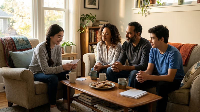 A family of four sitting in a living room circle, each holding a piece of paper and sharing what they appreciate about each other