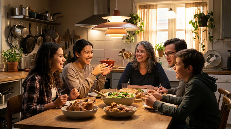 A diverse family sitting around a dinner table engaged in conversation, with warm lighting and a comfortable home setting
