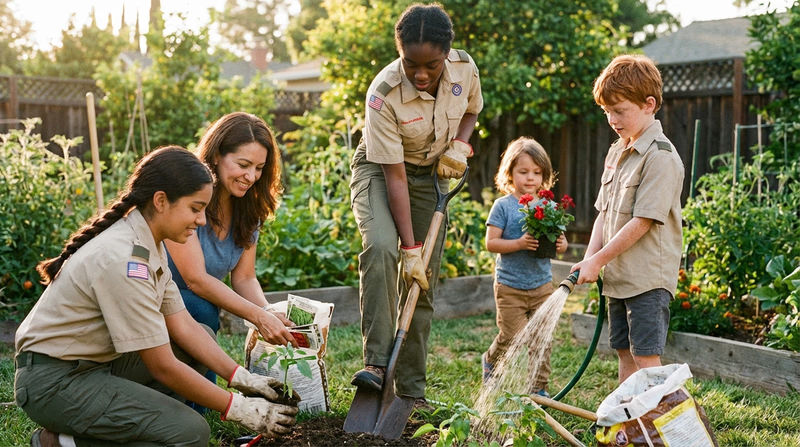A family of four working together in a backyard garden — one person digging, one planting seedlings, one watering, and a younger child carrying a small pot of flowers