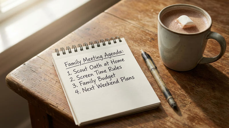 A close-up of a notepad with a neatly written family meeting agenda, a pen beside it, and a cup of hot cocoa in the background
