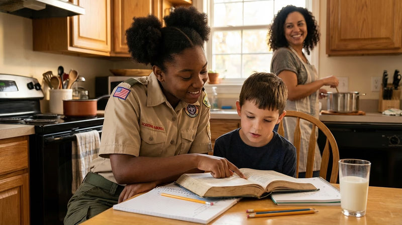 A Scout helping a younger sibling with homework at a kitchen table while a parent prepares dinner in the background