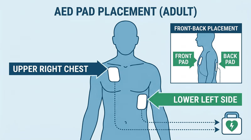 Front-view chest diagram showing standard AED pad placement on the upper right chest and lower left side