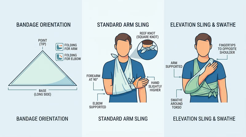 Three-panel triangular bandage diagram showing standard sling setup, completed sling, and elevation sling for collarbone injury