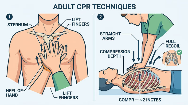 Two-panel CPR diagram showing correct hand placement on the lower half of the sternum and about 2 inches of chest compression depth with full recoil