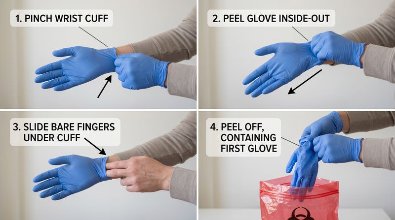 Four-step safe glove removal sequence showing inside-out technique and finger placement