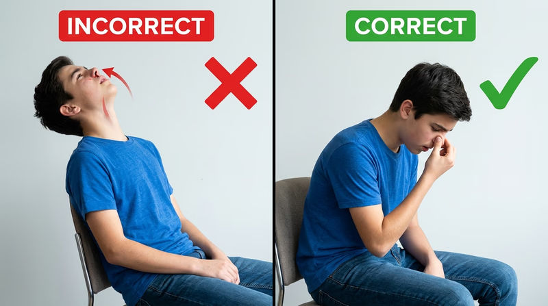 Side-by-side comparison of the wrong head-back posture and the correct slight-forward lean while pinching the soft part of the nose