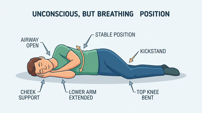 Side-view recovery position showing bent top knee, lower arm extended, upper hand supporting the cheek, and airway-open head position