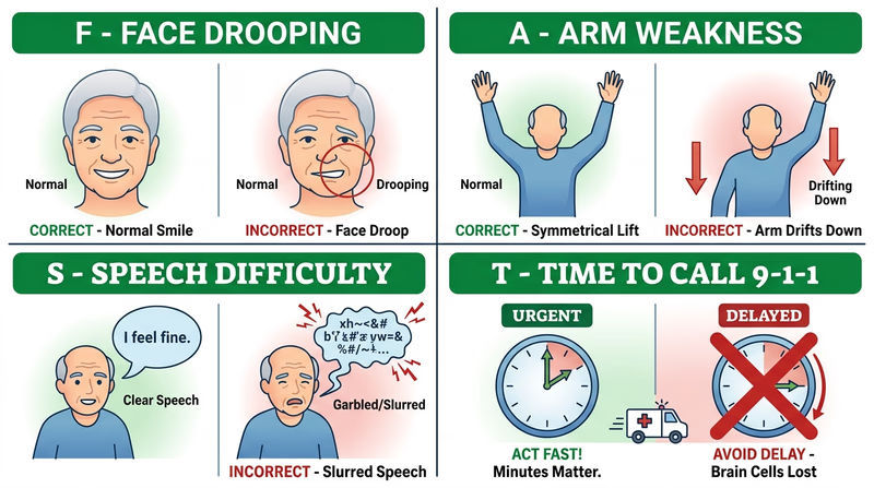 Four-panel FAST stroke recognition image showing face droop, arm drift, slurred speech, and urgent time to call emergency services