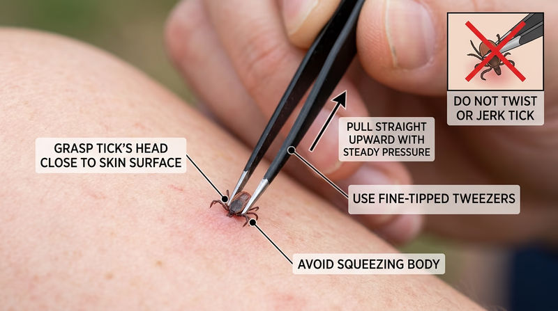 Close-up of correct tick removal with fine-tipped tweezers grasping close to the skin and pulling straight upward