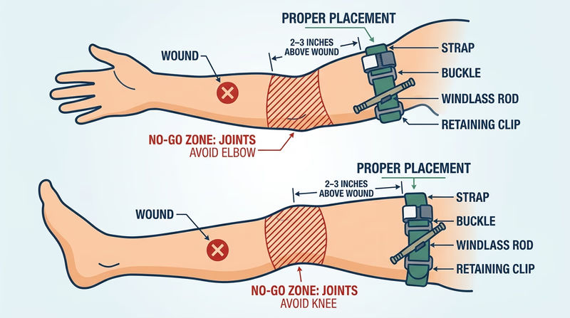 Diagram showing correct tourniquet placement 2 to 3 inches above a limb wound, no-go zones over joints, and labeled tourniquet parts