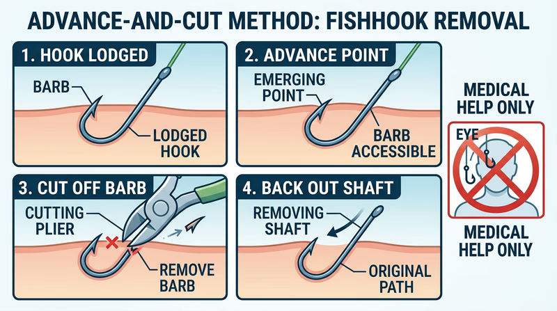 Four-panel diagram showing the advance-and-cut method for a shallow barbed hook in an arm