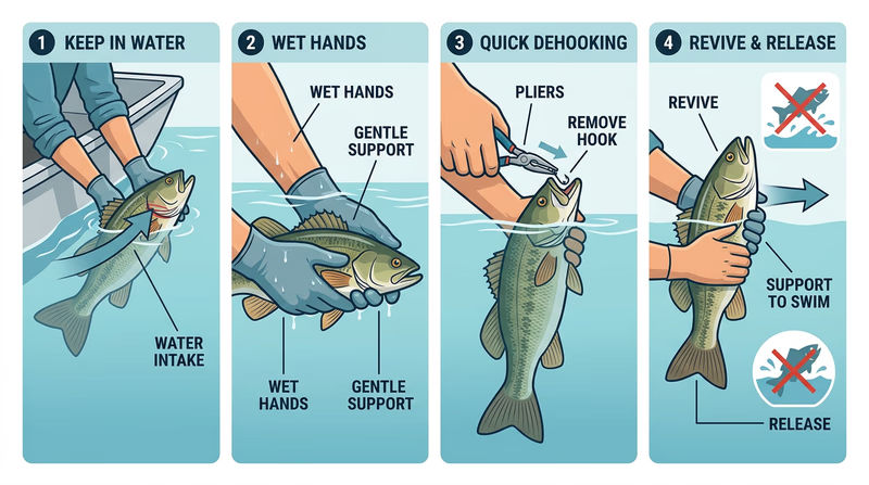 Four-panel sequence showing safe catch-and-release handling from landing to release