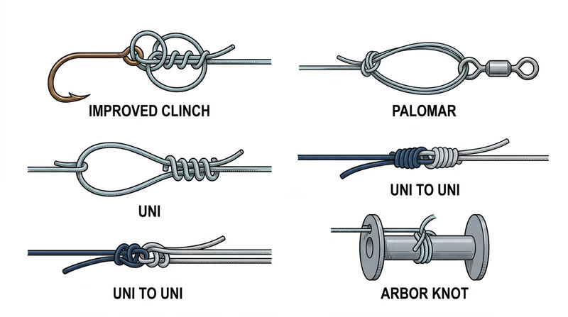 Reference board showing the finished shapes of the improved clinch, Palomar, uni, uni to uni, and arbor knots