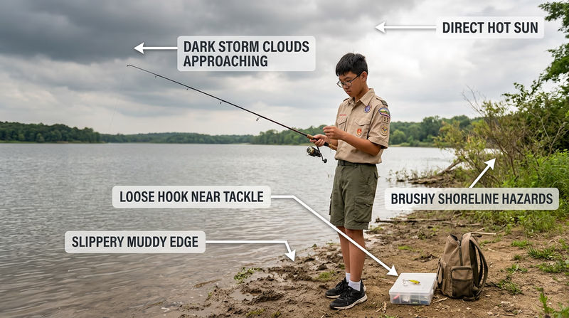 Shoreline fishing scene with major hazards called out, including loose hook, storm clouds, slippery bank, hot sun, and brushy shoreline